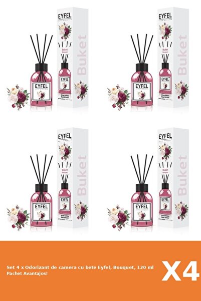 Eyfel Set 4 x Odorizant de camera cu bete Eyfel, Bouquet, 120 ml