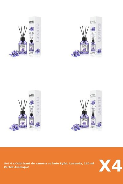 Eyfel Set 4 x Odorizant de camera cu bete Eyfel, Lavanda, 120 ml