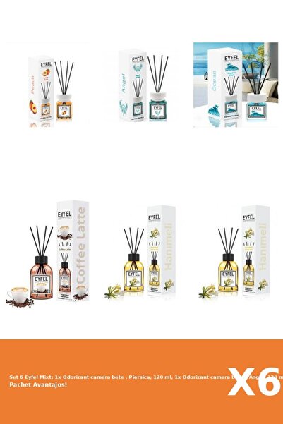 Eyfel Set 6 Mixt: 1x Odorizant camera bete , Piersica, 120 ml, 1x Odorizant camera bete , Angel, 120