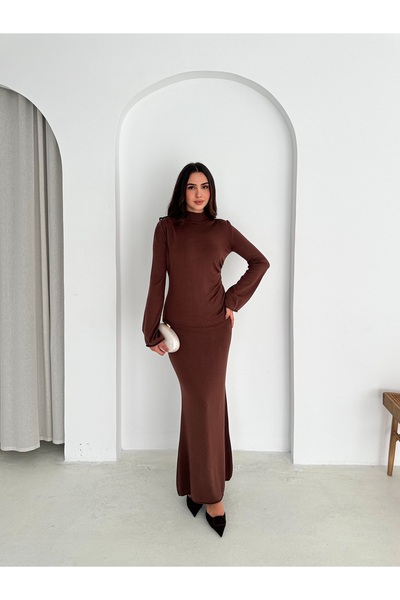 b buhari bykoc Brown Color Tight-Fitting Skirted Knitwear Set