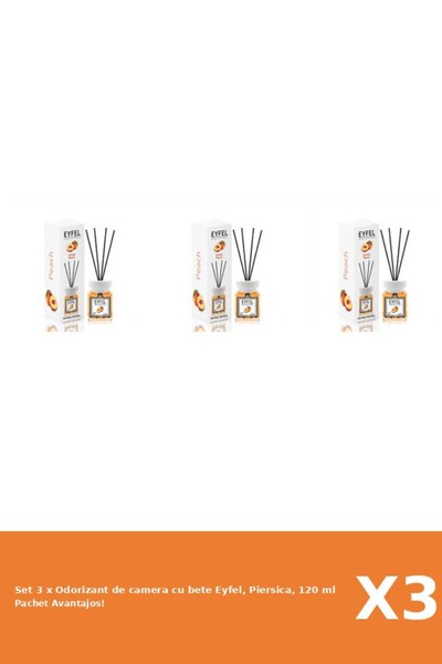 Eyfel Set 3 x Odorizant de camera cu bete Eyfel, Piersica, 120 ml