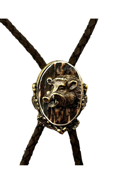 Handmade American bolo tie, boar head motif, metal