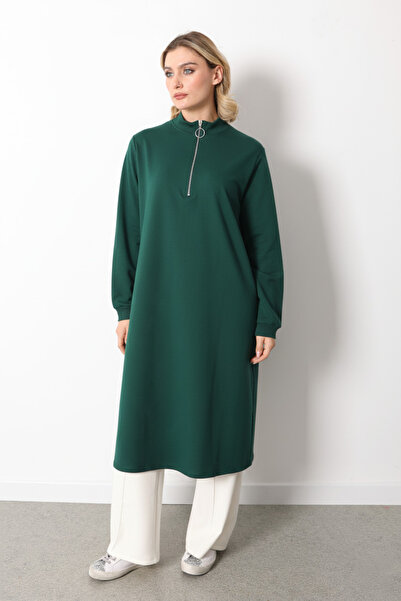 puyeni İki İplik Dik Yaka Fermuarlı Uzun Tunik