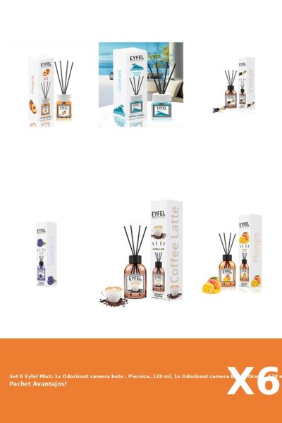 Eyfel Set 6 Mixt: 1x Odorizant camera bete , Piersica, 120 ml, 1x Odorizant camera bete , Ocean, 120