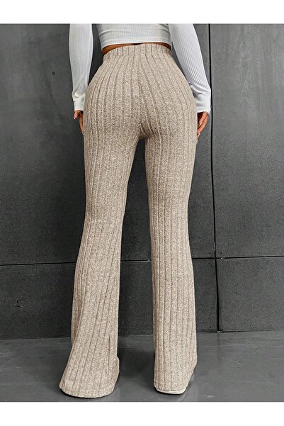 Wild Flower Γυναικείο Μπεζ κοτλέ Πλεκτό Ψηλόμεσο καμπάνα Παντελόνι