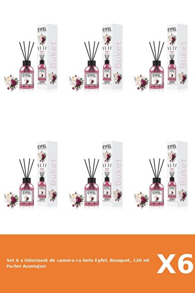 Eyfel Set 6 x Odorizant de camera cu bete Eyfel, Bouquet, 120 ml