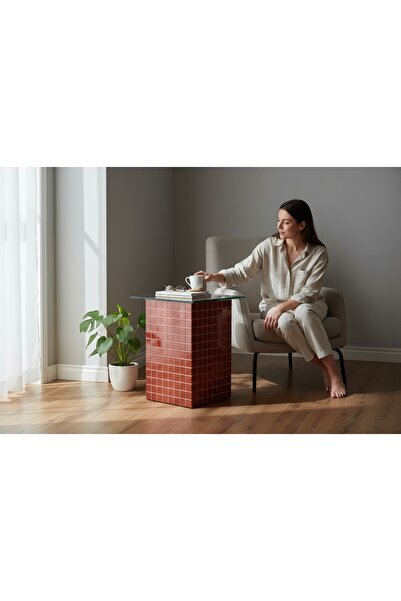 Aurelya El Yapımı Kırmızı Mozaik Kaplamalı Cam Üst Sehpa – Modern & Şık Yan Sehpa Tasarımı (26 x 45)