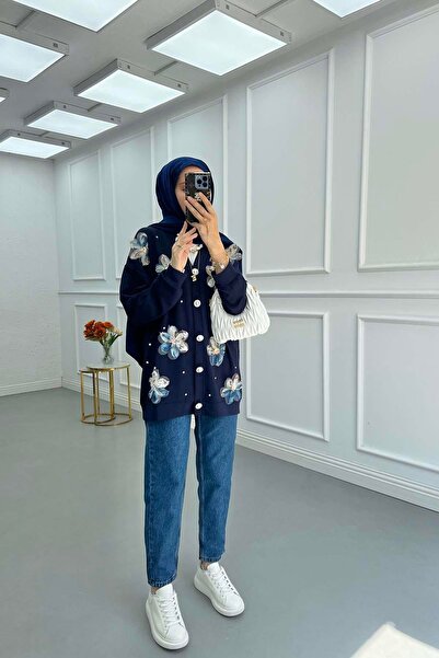 Pardesü Dünyası Tül Çiçekli Taşlı Hırka Lacivert