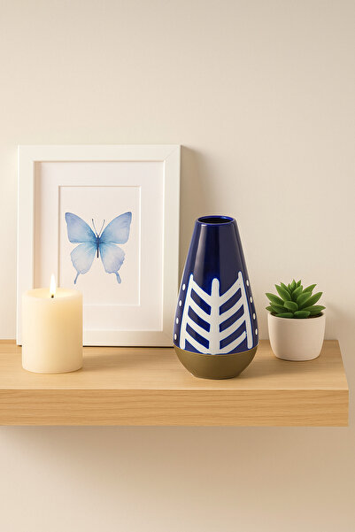 MARIA HOMES مزهرية خزفية زرقاء داكنة وبيضاء - مزهرية هندسية طويلة مدببة مزخرفة