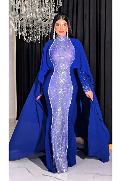 NHMODA Taş Baskılı Şifon Pelerinli Yüksek Yaka Balık Kesim Abiye