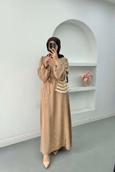 Pardesü Dünyası Jakarlı Saten Elbise Sütlü Kahve