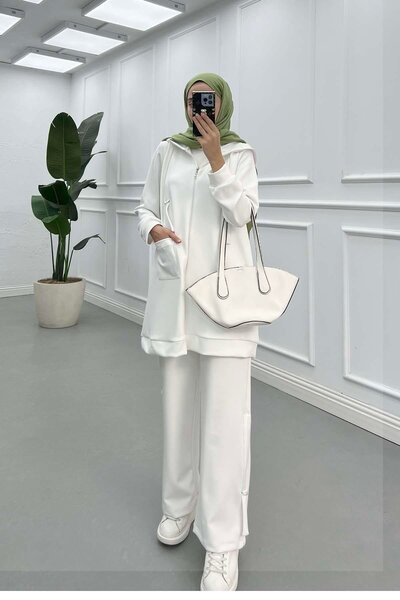 Pardesü Dünyası Kapüşonlu Cepli Scuba Takım Beyaz