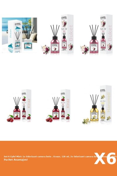 Eyfel Set 6 Mixt: 1x Odorizant camera bete , Ocean, 120 ml, 2x Odorizant camera bete , Bouquet, 120