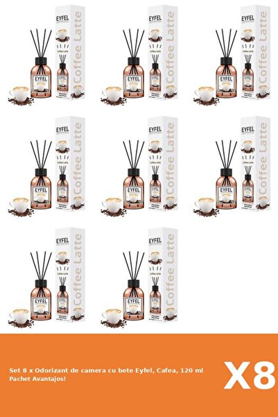 Eyfel Set 8 x Odorizant de camera cu bete Eyfel, Cafea, 120 ml