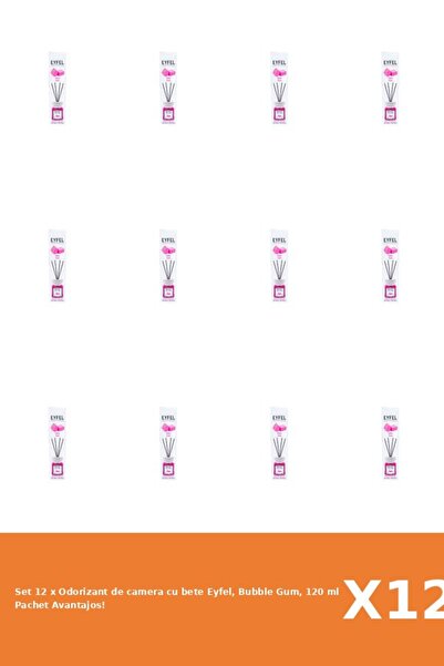 Eyfel Set 12 x Odorizant de camera cu bete Eyfel, Bubble Gum, 120 ml
