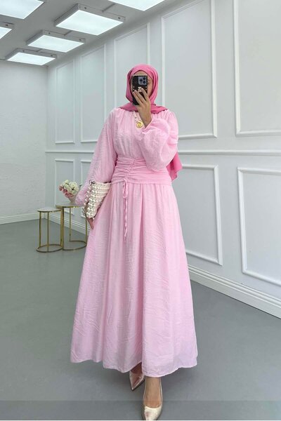 Pardesü Dünyası Bel Detaylı (Astarlı) Tül Elbise Pembe