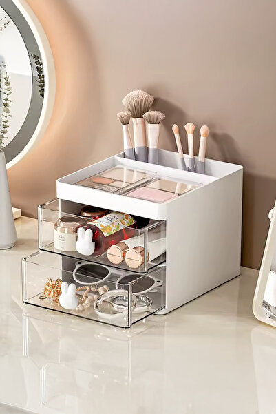Fesya Home BUNNY 2 Çekmeceli Makyaj Organizeri - Bölmeli Fırça Kozmetik Makya...