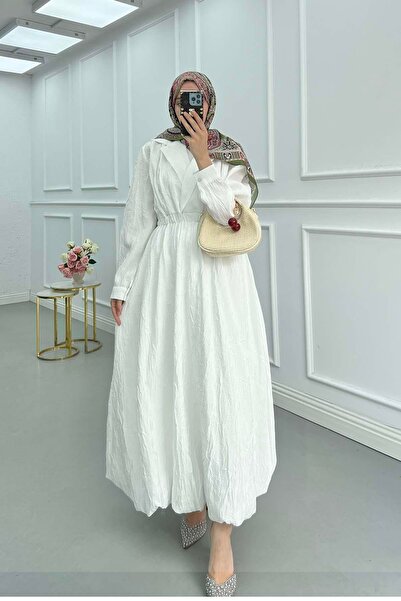 Pardesü Dünyası Kruvaze Yaka Kraş Etek Ucu Balon Elbise Beyaz