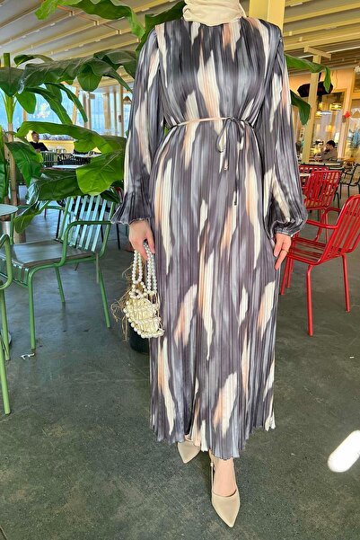 Pardesü Dünyası Piliseli Balon Kol Elbise Gri