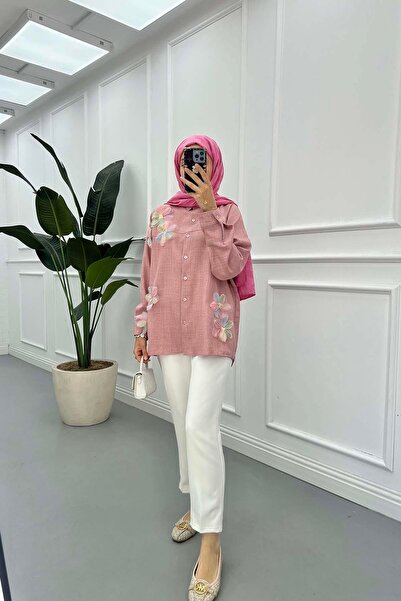 Pardesü Dünyası Tül Çiçekli Keten Gömlek Gül Kurusu