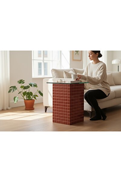 Aurelya El Yapımı Kırmızı Mozaik Kaplamalı Cam Üst Sehpa – Modern & Şık Yan Sehpa Tasarımı (26 x 45)