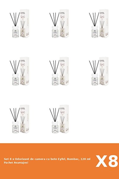 Eyfel Set 8 x Odorizant de camera cu bete Eyfel, Bumbac, 120 ml