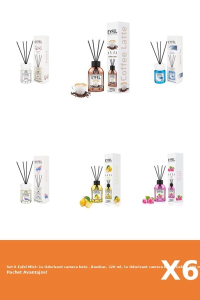 Eyfel Set 6 Mixt: 1x Odorizant camera bete , Bumbac, 120 ml, 1x Odorizant camera bete , Cafea, 120 m