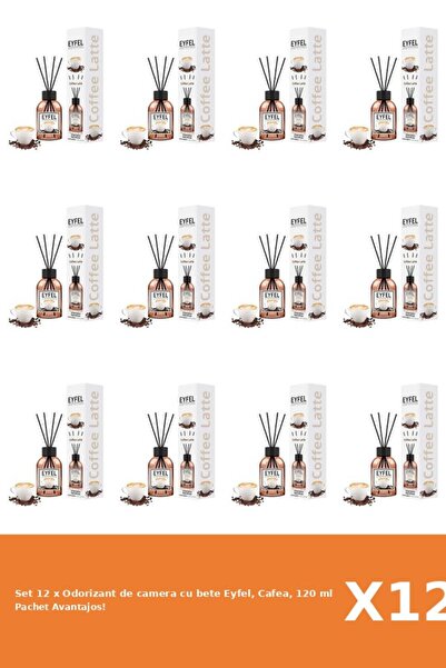 Eyfel Set 12 x Odorizant de camera cu bete Eyfel, Cafea, 120 ml