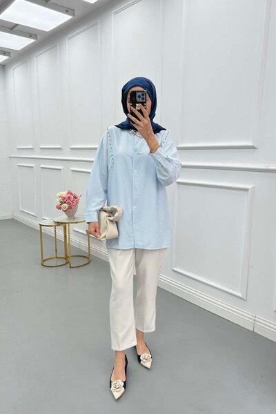 Pardesü Dünyası Omzu Taş Detaylı Çizgili Gömlek Mavi