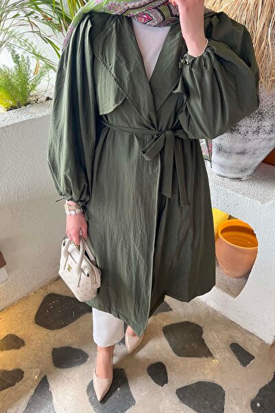 Pardesü Dünyası Kolları İp Detaylı Kuşaklı Trençkot Haki