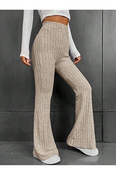 Wild Flower Γυναικείο Μπεζ κοτλέ Πλεκτό Ψηλόμεσο καμπάνα Παντελόνι