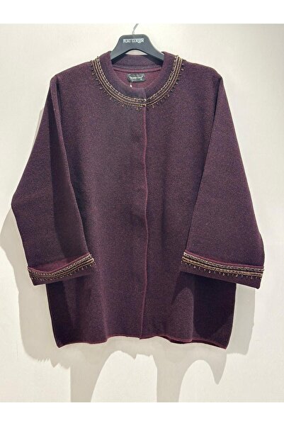 Desen Triko Women's Mock Neck Wool Coat with Embroidered Sleeves and Collar