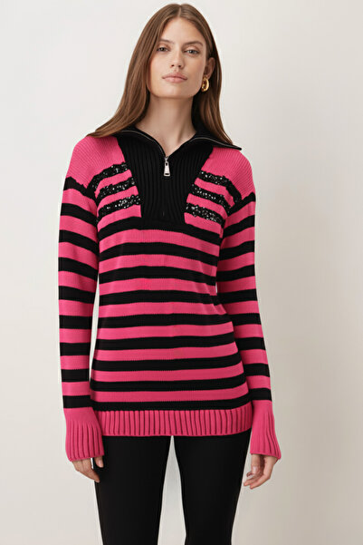 armonika Γυναικείο πλεκτό πουλόβερ με ροζ λαιμόκοψη με φερμουάρ και λεπτομέρε...