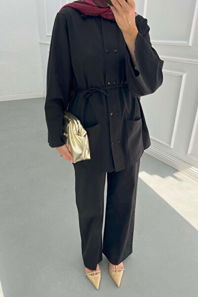 Pardesü Dünyası Cep Detaylı Seyyar Kuşaklı Keten Takım Siyah