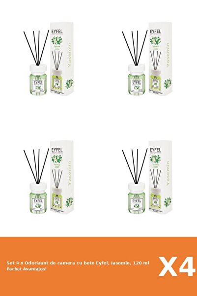 Eyfel Set 4 x Odorizant de camera cu bete Eyfel, Iasomie, 120 ml