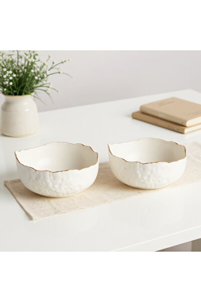 ODİ HOME 2 Pieces Gilded Decorative Bowl White 13 cm