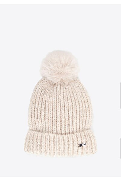 Wittchen Women's Chunky Knit Hat with Pompom, Cream, Cream Polyester