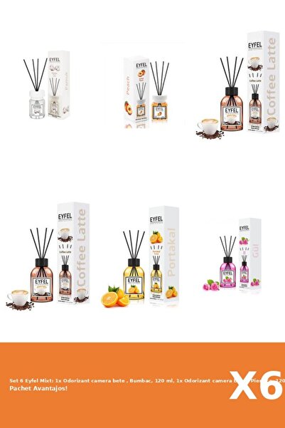 Eyfel Set 6 Mixt: 1x Odorizant camera bete , Bumbac, 120 ml, 1x Odorizant camera bete , Piersica, 12