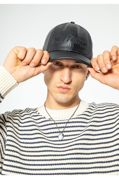 Wittchen Men's Leather Cap with Baseball Cap Black Black Genuine Leather