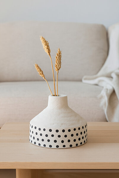 MARIA HOMES مزهرية سيراميك بيضاء طبيعية بنقاط سوداء - مزهرية زخرفية مخروطية ع...