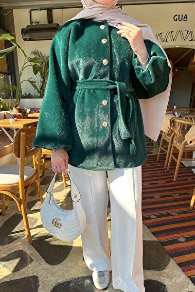 Pardesü Dünyası Balon Kol Kuşaklı Kürklü Kaban Zümrüt Yeşili