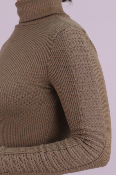 armonika Women's Khaki Turtleneck Sleeve Stripe Soft Textured Blouse Arm-26K001043