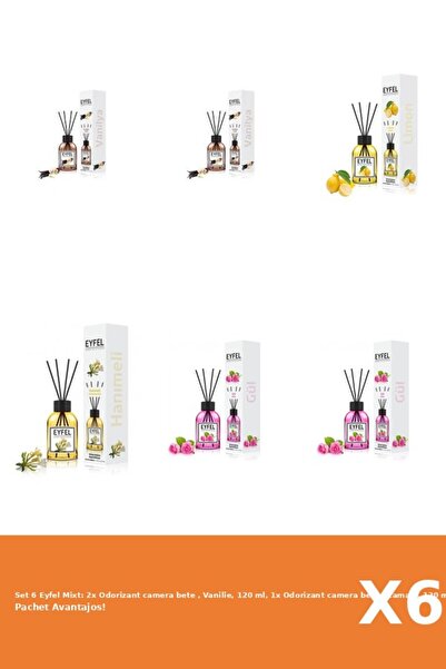 Eyfel Set 6 Mixt: 2x Odorizant camera bete , Vanilie, 120 ml, 1x Odorizant camera bete , Lamaie, 120