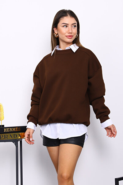 İmajButik Καφέ ποδηλατικό μπλουζάκι με λαιμόκοψη και τρεις κλωστές