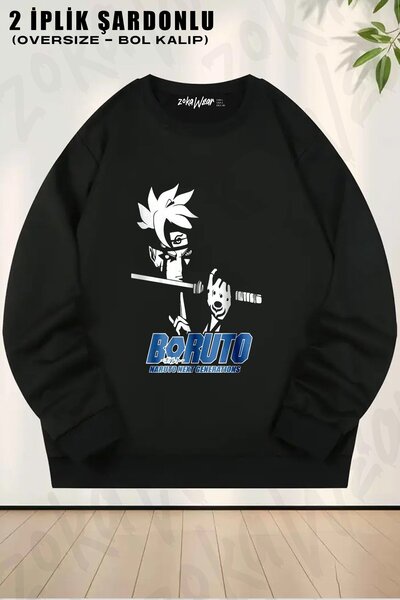 ZOKAWEAR سويت شيرت بوروتو أنيمي مطبوع قصة فضفاضة برقبة دائرية للجنسين