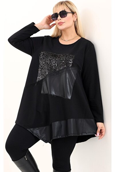Kheos Crew Neck Tunic with Sequins and Leather Detail on the Front, Printed Slits, Large Size, Special Design Tunic
