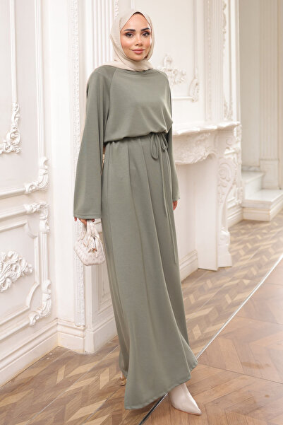 İmajButik Φόρεμα με λαιμόκοψη και ζώνη στη μέση σε χακί χρώμα