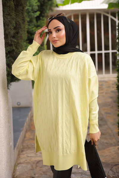 İmajButik Yellow Crew Neck Cold Thread Knitwear Tunic