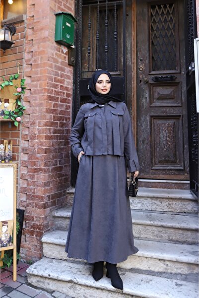 NİSUM MODA Suede Skirt Suit with Pocket Detail