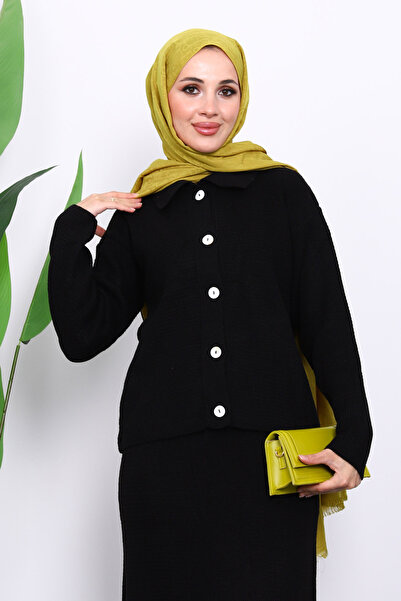 İmajButik Black Shirt Collar Buttoned Knitwear Skirt Set